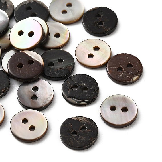 Natural Black Lip Shell Buttons, 2-Hole Flat Round
