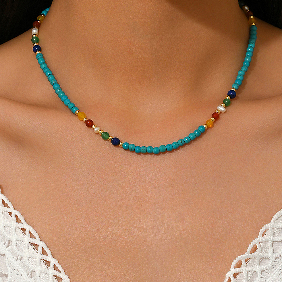 Винтажные ожерелья из натурального пресноводного жемчуга и синтетической бирюзы в форме круглых бусин для женщин, красочный