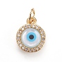 Brass Micro Pave Cubic Zirconia Charms, with Lampwork, Flat Round with Evil Eye