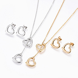 304 Stainless Steel Jewelry Sets, Lariat Necklaces and Stud Earrings, Heart