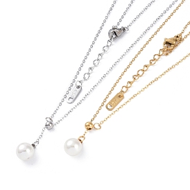 304 Stainless Steel Cable Chain Necklaces, Round Plastic Pearl Pendant Necklaces for Women
