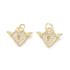 Brass Micro Pave Clear Cubic Zirconia Charms, with Jump Ring, Long-Lasting Plated, Heart Lock with Wing
