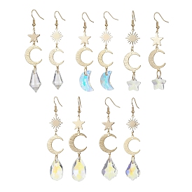 Moon & Star & Sun Brass Asymmetrical Earrings, Glass Long Dangle Earrings
