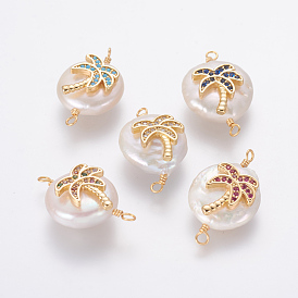 Pendentifs de perles d'eau douce de culture naturelle, avec accessoires zircon cubique micro pave en laiton, pépites de cocotier