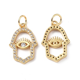 Brass Micro Pave Cubic Zirconia Pendants, with Jump Ring, Real 18K Gold Plated, Hamsa Hand/Hand of Miriam Charms
