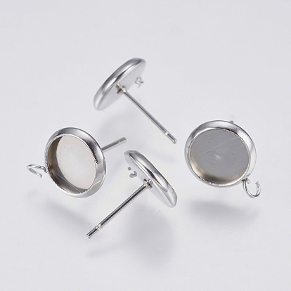 201 Stainless Steel Stud Earring Settings, with 304 Stainless Steel Pins, with Loop, Flat Round