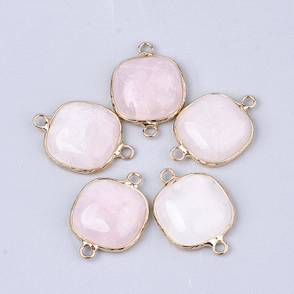 Natural Rose Quartz Links Connectors, with Brass Findings, Square, Golden