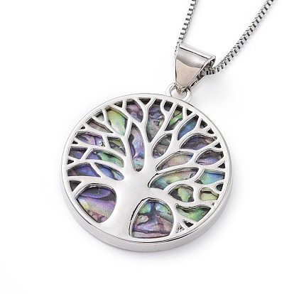 Resin Imitation Paua Shell/Abalone Shell Pendant Necklaces, with Alloy Findings, 316 Surgical Stainless Steel Box Chains and Lobster Claw Clasps, Flat Round with Tree of Life