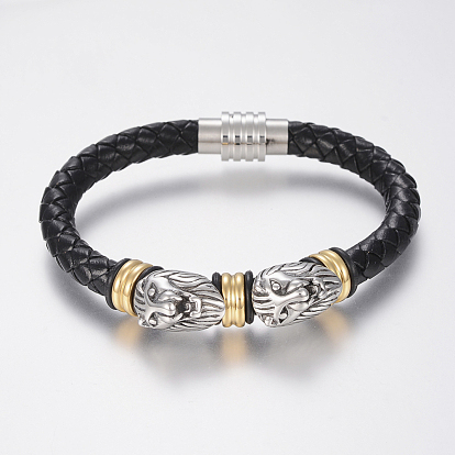 Braided Leather Cord Bracelets, with 304 Stainless Steel Beads Findings and Magnetic Clasps, Lion