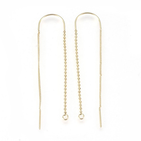 Brass Earring Findings, with Loop, Ear Thread, with Chains, Real 18K Gold Plated, Nickel Free