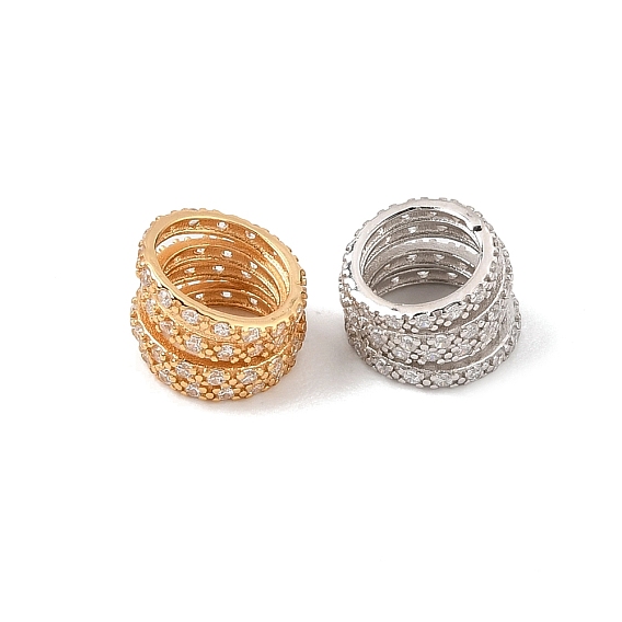925 Sterling Silver Micro Pave Clear Cubic Zirconia European Beads, Multi Ring Large Hole Beads, Rack Plating, Long-Lasting Plated