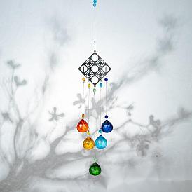 Crystals Chandelier Suncatchers Prisms Chakra Hanging Pendant, with Iron Cable Chains & Links, Glass Beads and Rhinestone, Rhombus