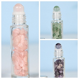 Natural Gemstone Roller Ball Bottles, with Plastic Cover, SPA Aromatherapy Essemtial Oil Empty Glass Bottle