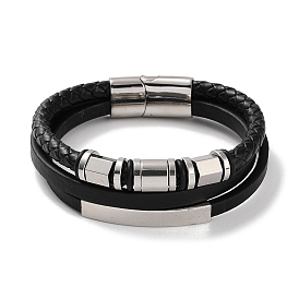 Men's Braided Black PU Leather Cord Multi-Strand Bracelets, Rectangle & Column 304 Stainless Steel Link Bracelets with Magnetic Clasps
