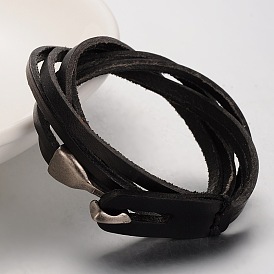 Casual Style Unisex Retro Leather Bracelets, with Alloy Snap Lock Clasps, Platinum, 620~630x9x2mm