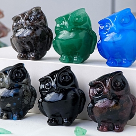 Gemstone Carved Owl Figurines, for Home Office Desktop Feng Shui Ornament