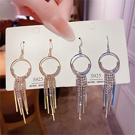 Chic and Bold Circle Long Earrings with Shimmering Rhinestones and Tassels for a Glamorous Look