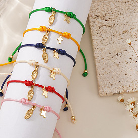 304 из нержавеющей стали шарм браслеты, плетеные браслеты из вощеного шнура для женщин, рука хамса и крест, золотые