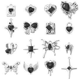 16Pcs 16 Style Rack Plating Alloy with Black Glass Pendants, with ABS Plastic Imitation Pearl Beaded, Heart & Star & Tooth & Butterfly & Wing Charms