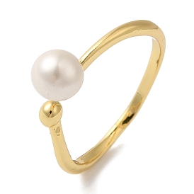 Round ABS Plastic Pearl Finger Rings, Rack Plating Brass Open Cuff Ring for Women, Long-Lasting Plated, Lead Free & Cadmium Free