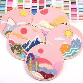 Mountain & Sun Pattern DIY Embroidery Kits, Including Embroidery Cloth & Thread, Needle, Embroidery Hoop, Instruction Sheet