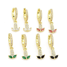 Rack Plating Brass Micro Pave Cubic Zirconia Huggie Hoop Earrings, Dangle Earrings, Long-Lasting Real 18K Gold Plated, Lead Free & Cadmium Free, Leaf
