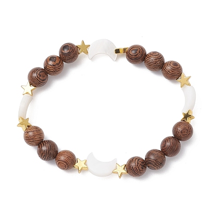 Браслеты из натуральных круглых бусин из дерева венге, Женские украшения в виде звезд и пресноводных ракушек из немагнитного синтетического гематита с луной