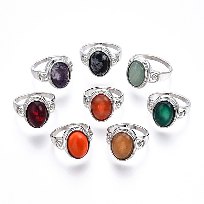 Natural Mixed Gemstone Oval Finger Rings, Platinum Plated Alloy Jewelry for Women