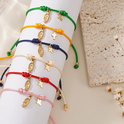 304 из нержавеющей стали шарм браслеты, плетеные браслеты из вощеного шнура для женщин, рука хамса и крест, золотые