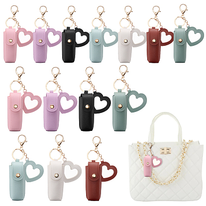 14 pièces 7 couleurs porte-clés rouge à lèvres en cuir PVC, avec porte-clés et miroir en verre pour ranger le rouge à lèvres, rectangle avec le coeur, or et de lumière