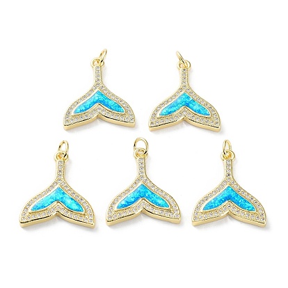 Rack Plating Brass Micro Pave Cubic Zirconia Pendants, Synthetic Opal Fishtail Charms with Jump Ring, Cadmium Free & Lead Free, Long-Lasting Plated, Real 18K Gold Plated