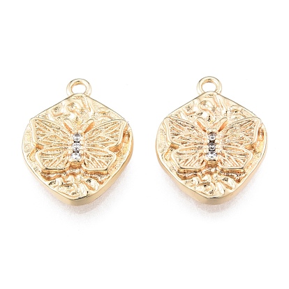 Brass Micro Pave Clear Cubic Zirconia Charms, Cadmium Free & Nickel Free & Lead Free, Textured, Nuggets with Butterfly