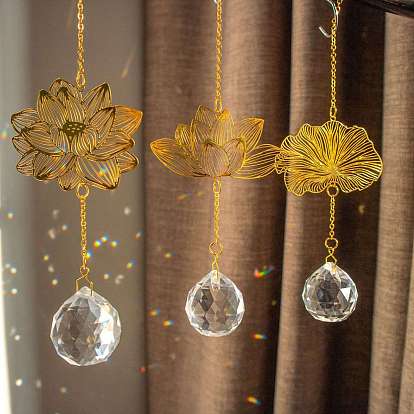 Brass Hollow Lotus Hanging Ornaments, Glass Round Tassel Suncatcher for Window Garden Decoration