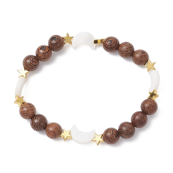 Браслеты из натуральных круглых бусин из дерева венге, Женские украшения в виде звезд и пресноводных ракушек из немагнитного синтетического гематита с луной