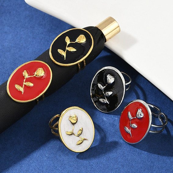 Овальные с рисунком розы 304 эмалевые кольца из нержавеющей стали для женщин, ионное покрытие (ip), настоящее 18k позолоченное/цвет нержавеющей стали