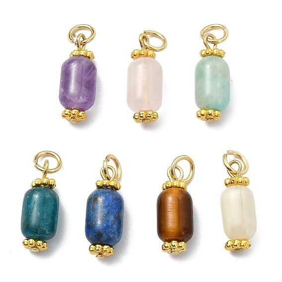 Natural Mixed Gemstone Pendants, Column Charms with 304 Stainless Steel Jump Rings, Golden