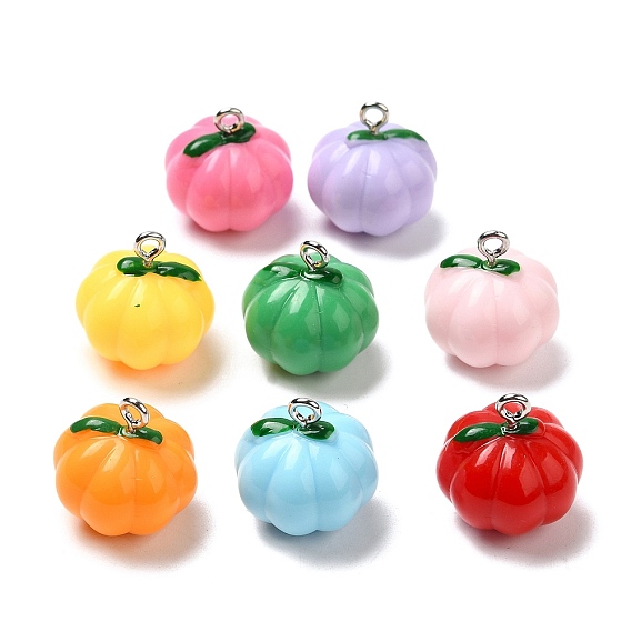 Opaque Resin Pendants, with Platinum Tone Iron Loops, Pumpkin Charms