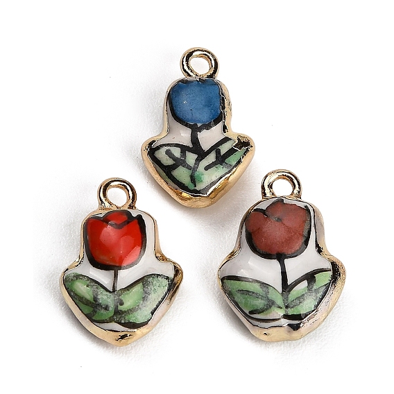 Handmade Porcelain with Brass Pendants, Tulip Charms, Hand Painted, Famille Rose Porcelain, Golden