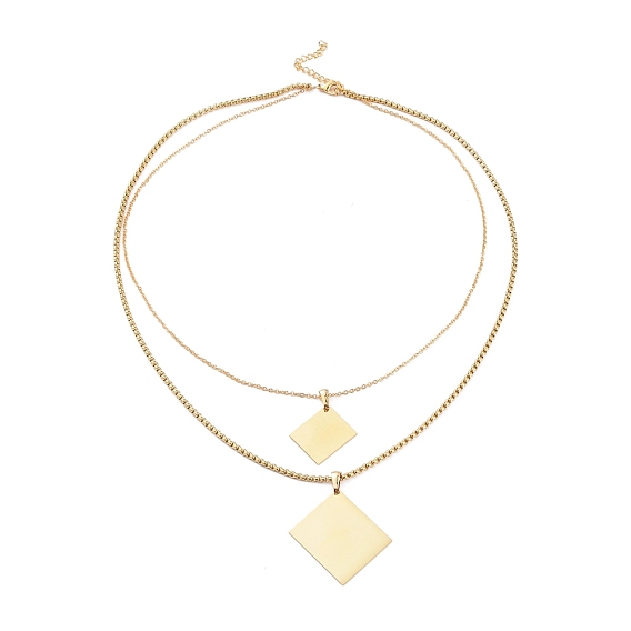 304 Stainless Steel Double Layer Necklaces, with Cable Chains & Box Chains, Rectangle