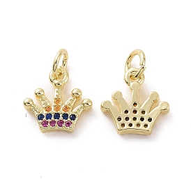 Brass Micro Pave Cubic Zirconia Charms, with Jump Rings, Crown Charm