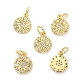 Brass Micro Pave Clear Cubic Zirconia Charms, with Jump Ring, Long-Lasting Plated, Flat Round with Sun