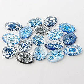 Blue and White Floral Theme Ornaments Glass Oval Flatback Cabochons