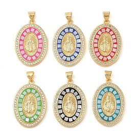 Brass & Shell & Clear Cubic Zirconia Pendants, Oval with Virgin Mary Pattern