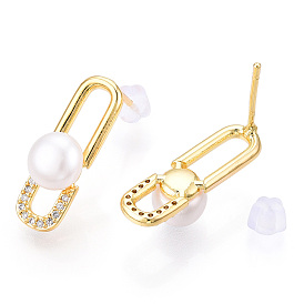 Natural Pearl Stud Earrings Micro Pave Cubic Zirconia, Brass Earrings with 925 Sterling Silver Pins, Clips