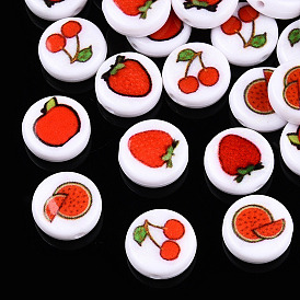 Opaque Acrylic Beads, Flat Round with Fruit Pattern