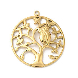 Manual Polishing 304 Stainless Steel Pendants, Flat Round with Tree of Life & Owl Charm