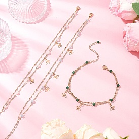 304 Stainless Steel Link Chain Anklets, Butterfly, with Natural White Jade for Women