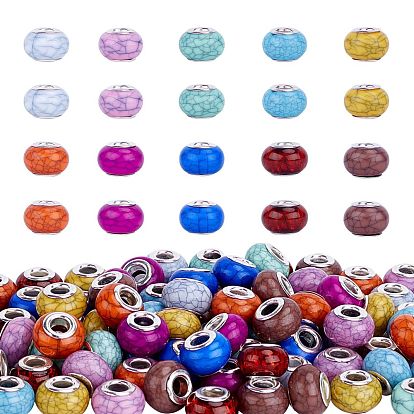 Imitation Turquoise Style Acrylic European Beads, Large Hole Beads, with Silver Color Plated Brass Double Cores, Rondelle