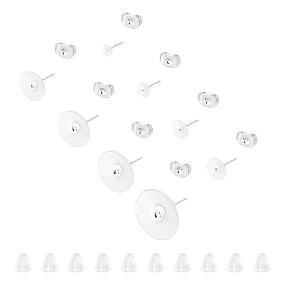 Flat Round 304 Stainless Steel Stud Earring Findings, with 40PCS 304 Stainless Steel & Plastic Ear Nuts
