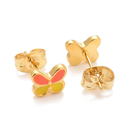 304 Stainless Steel Enamel Stud Earrings, with 316 Surgical Stainless Steel Pin, Golden, Butterfly